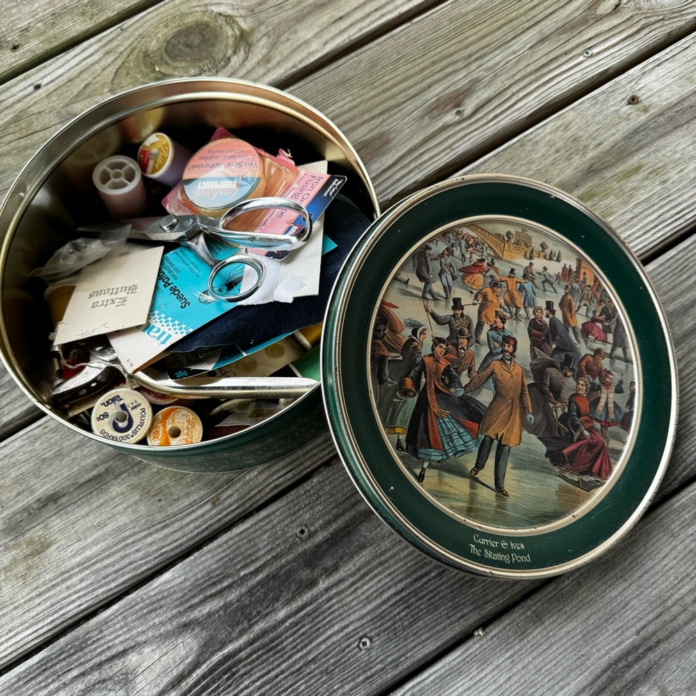 Currier & Ives The Skating Pond Tin Full Of Vintage Sewing Supplies